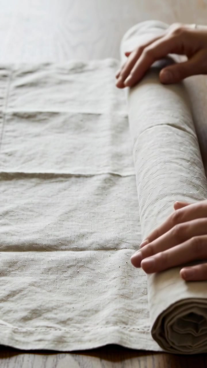 Vertical video: Entering from right hands tucking, rolling linen on table, ring visible, copy space