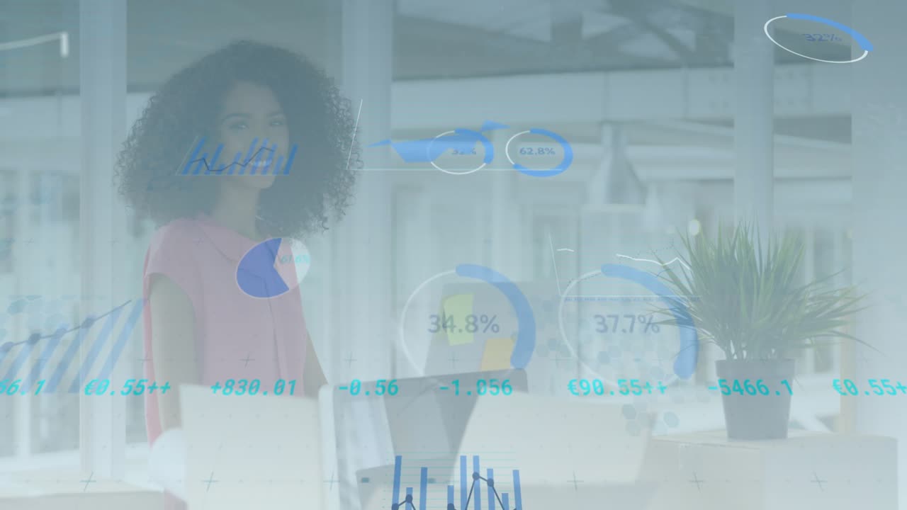 Woman resting hands on laptop initiating floating finance charts updating for analyzing performance