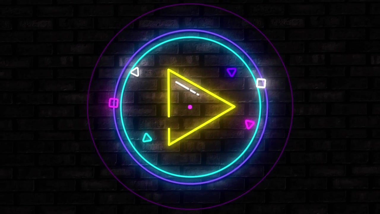 Digital animation of abstract purple shapes over neon like icon on round banner against brick wall