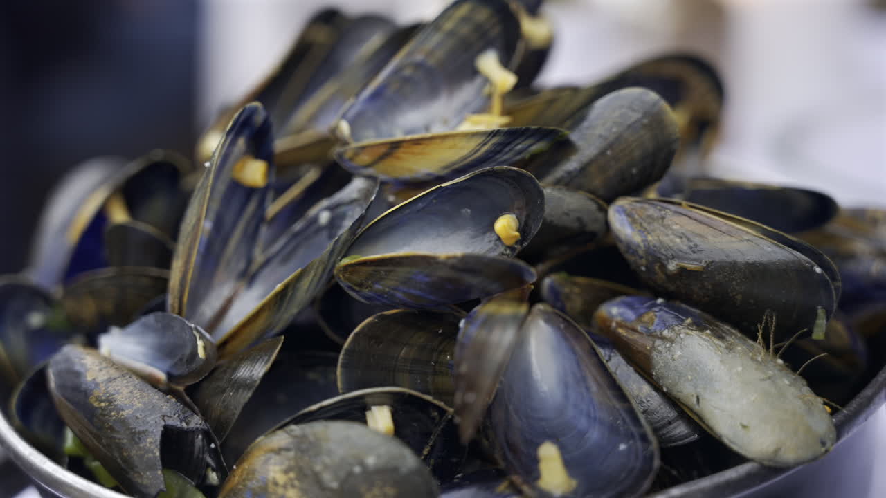 Close up of multiple steamy mussels in a pot with green onions on top