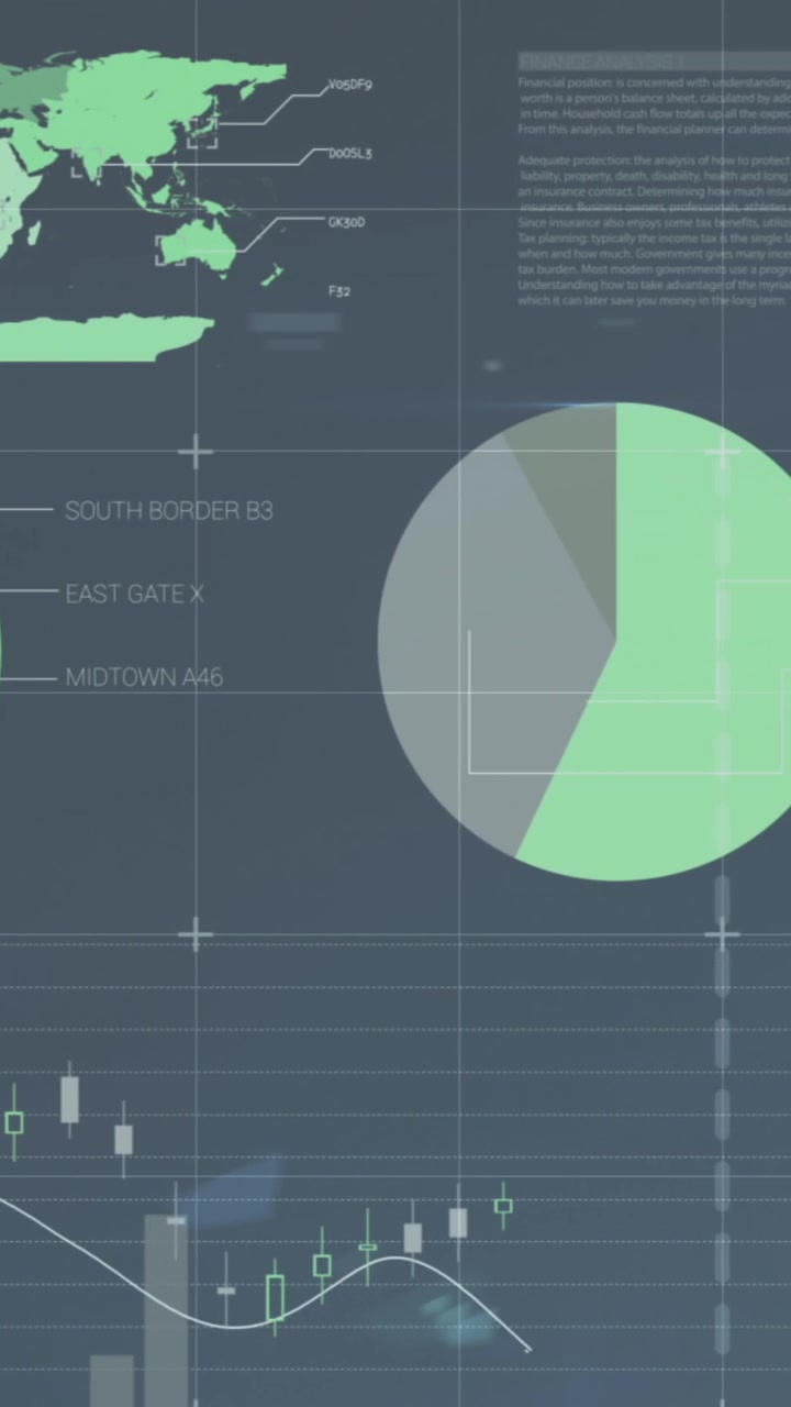 Animation of statistics and data processing over stock market on screen