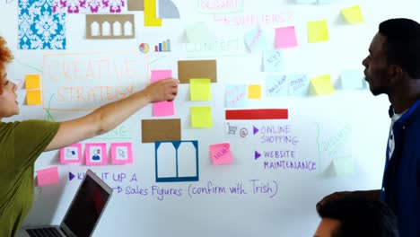 Male-and-female-executives-discussing-over-sticky-notes-on-whiteboard