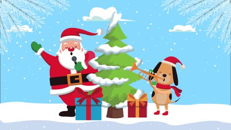 feliz navidad santa claus con perro y regalos en el pino