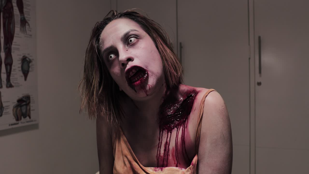 Female zombie growling-Costume-Creepy halloween makeup-4K