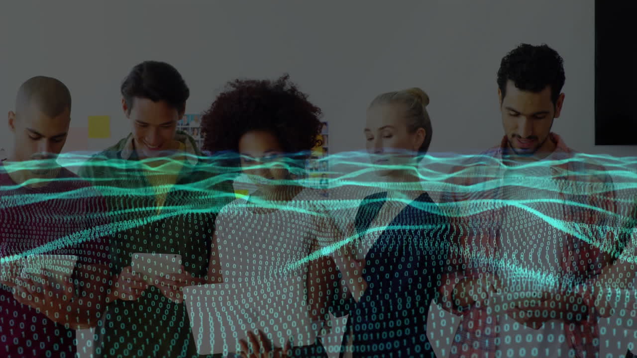 Tech team analyzing smartphones, tablet and laptop with animated binary waveform data overlays