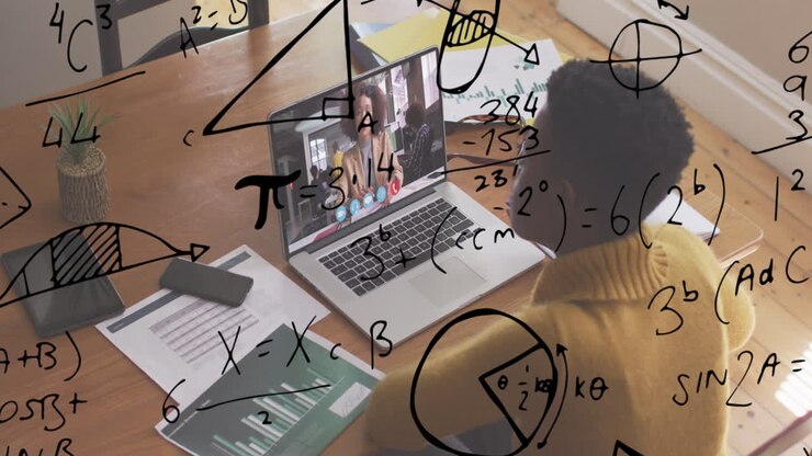 Animation of mathematical equations over african american businesswoman on video call
