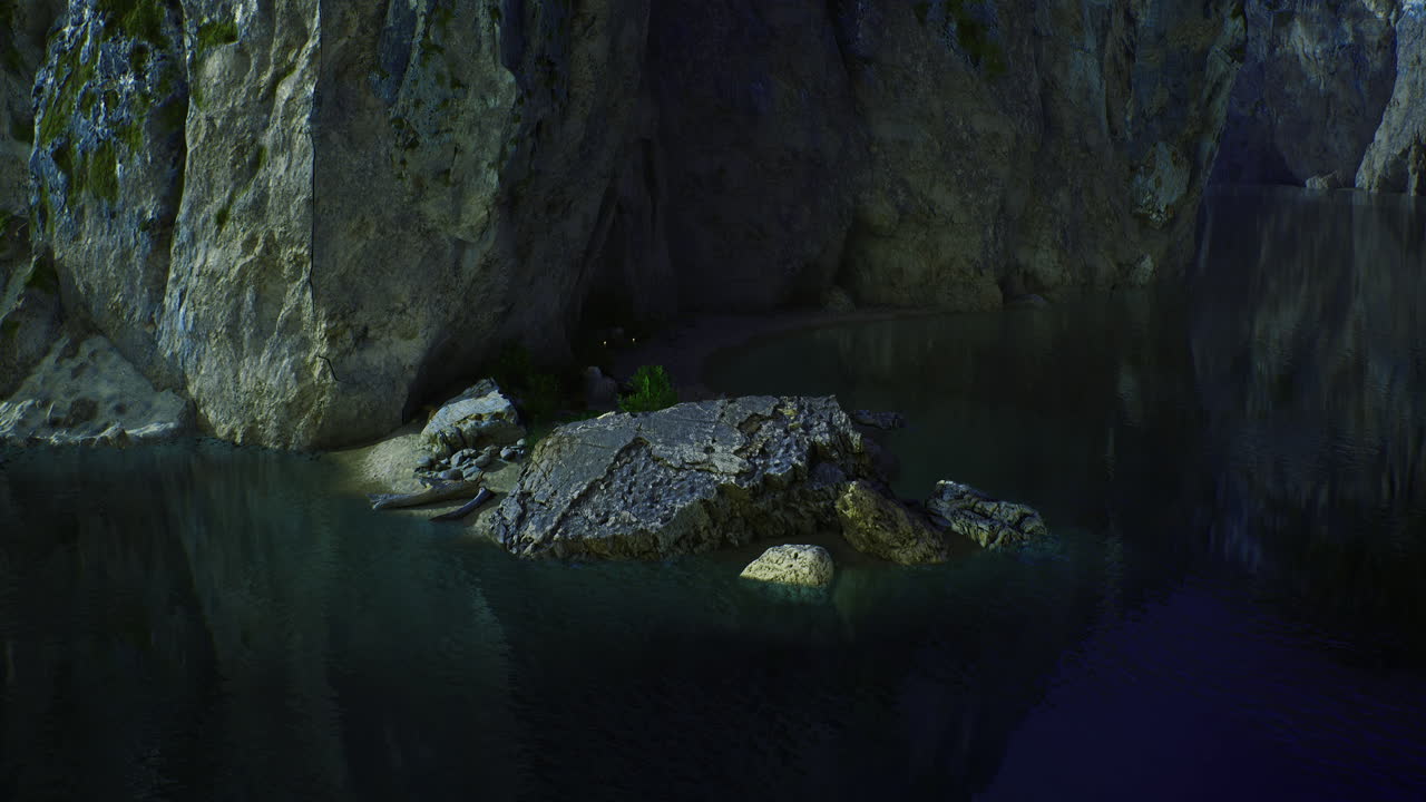 Mystical mountain lake reflecting towering cliffs under a twilight sky