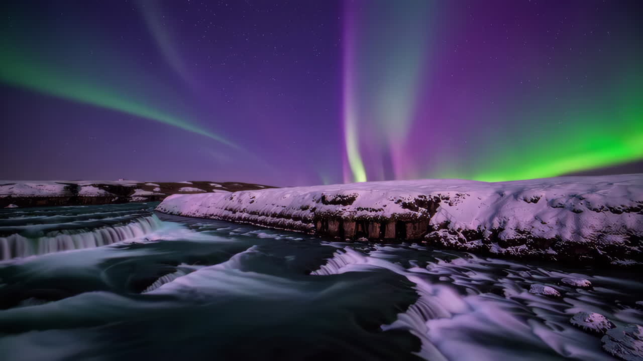 Vibrant Northern Lights Dance Over a Snowy Waterfall