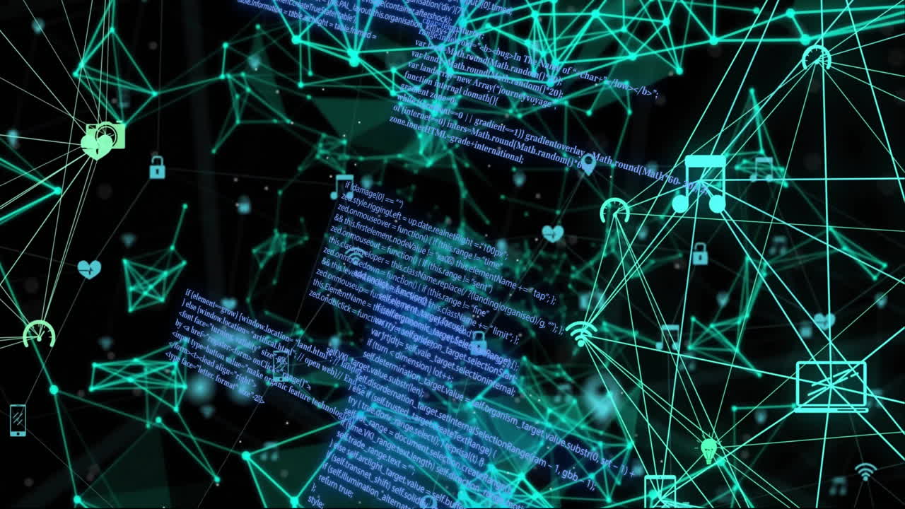 animación del procesamiento de datos y la red de conexiones con iconos sobre fondo negro