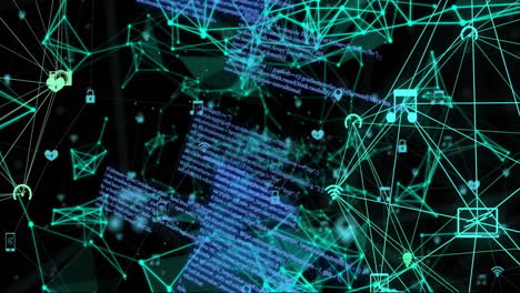 Animation of data processing and network of connections with icons on black background