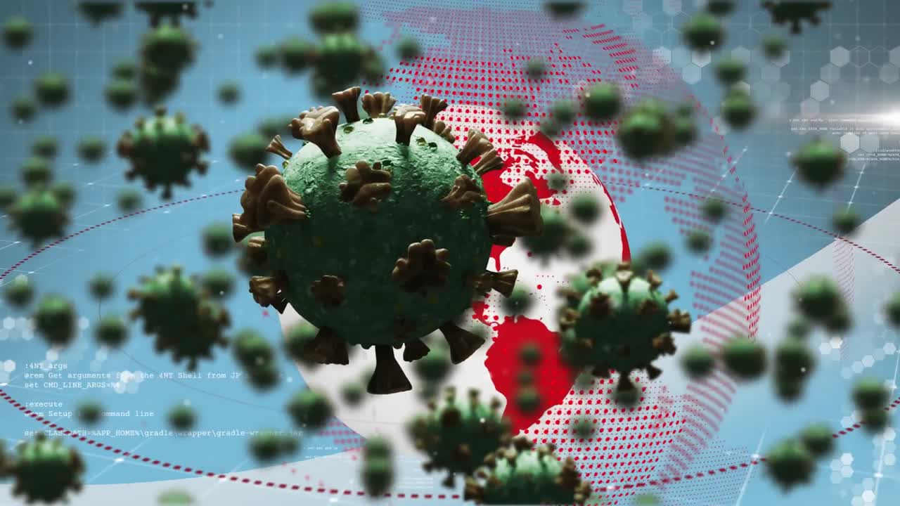 전 세계를 날아다니는 코로나19 세포의 애니메이션