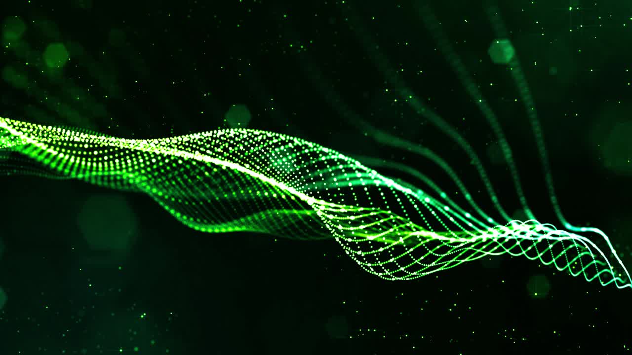 4k looped sci-fi green background with bokeh and light effects. Glow green color particles form lines, surfaces, string structures as virtual space or hologram for HUD screen. 14