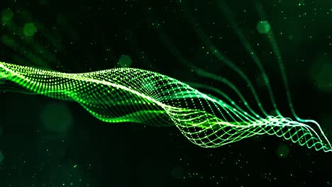 4k looped sci-fi green background with bokeh and light effects. glow green color particles form lines, surfaces, string structures as virtual space or hologram for hud screen. 14