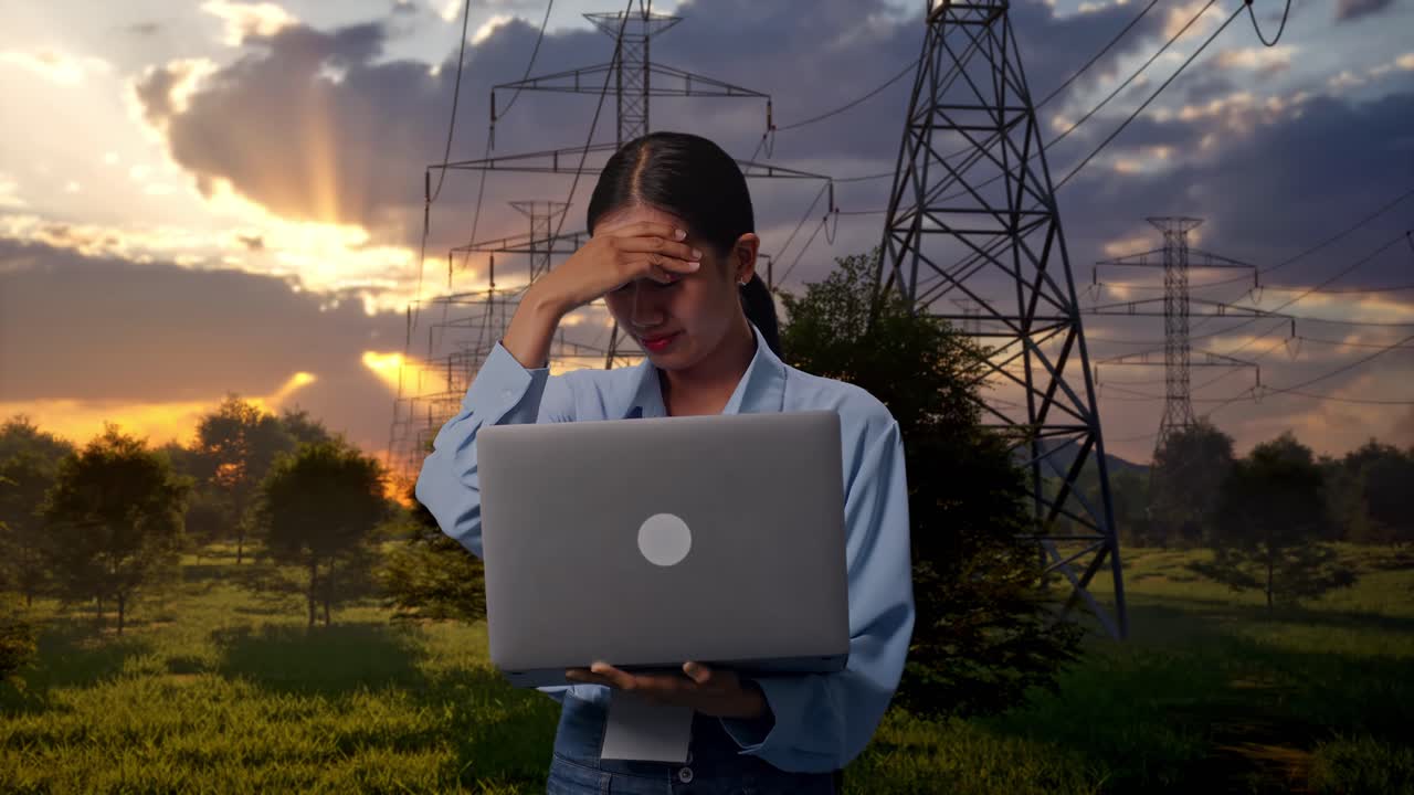 Frustrated Woman with Laptop and Headache Near Electricity Pylons