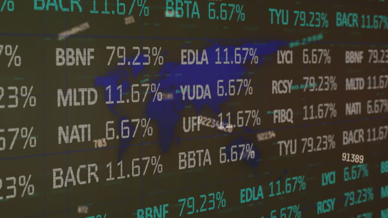 Digital composition of stock market data processing and multiple changing numbers against world map
