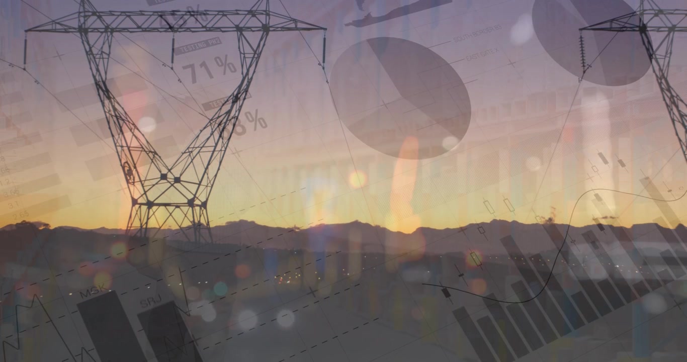 Financial Data Overlay on Electricity Transmission Towers at Sunset