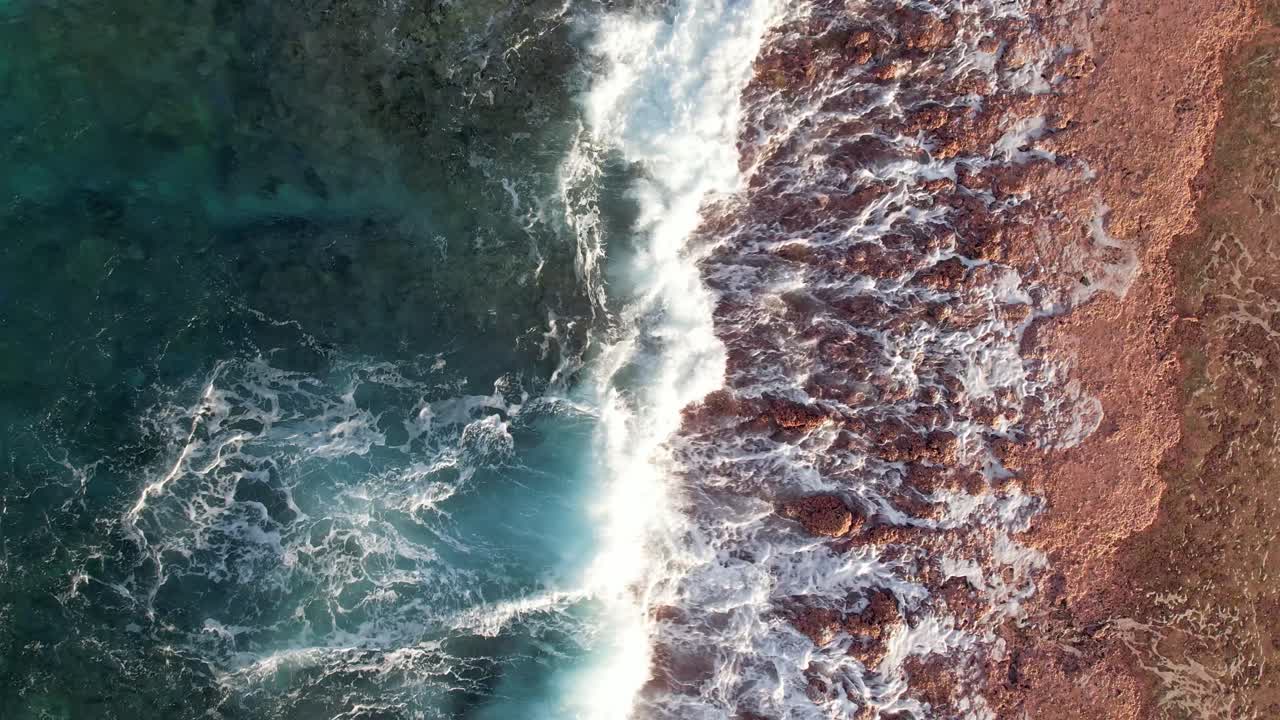 Ripresa aerea con drone di onde che si infrangono sulla barriera corallina marginale dell'atollo di Fakarava, Polinesia Francese