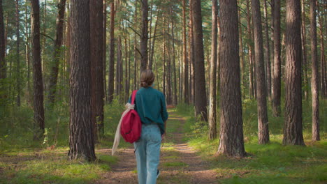 back view of ladies walking on a forest trail surrounded by tall trees , lady in green top carries a red backpack with a handkerchief draped over it, while her companion in a blue scarf leads the way