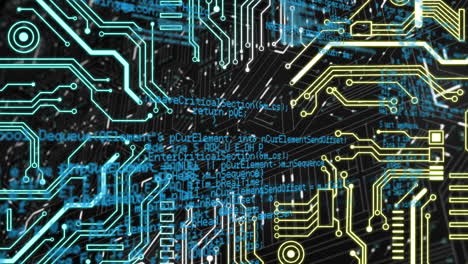 animación de circuitos integrados y procesamiento de datos sobre un fondo negro.