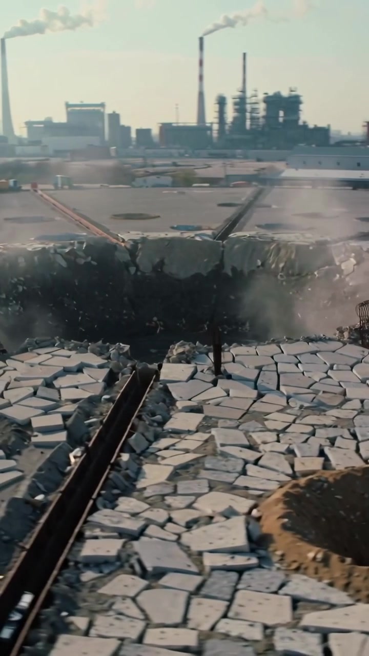 Video verticale: Mostrando il cedimento di un tetto dopo il crollo di una soletta che rilascia polvere sopra il tetto di un impianto con tondini di armatura