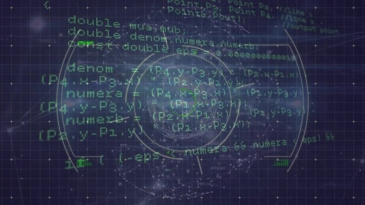 Data processing and scope scanning over globe of network of connections on blue background
