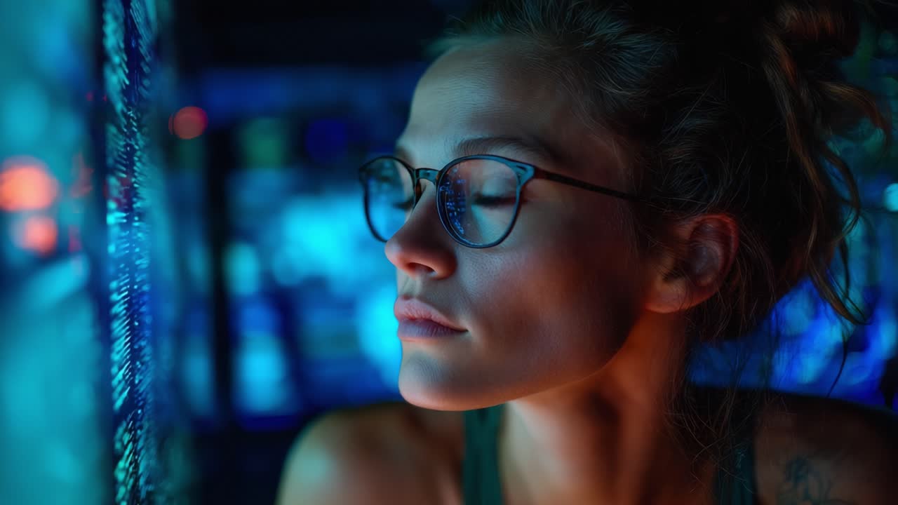Una giovane donna pensierosa guarda intensamente schermi digitali, riflettendo la sottile luce della tecnologia in un ambiente coinvolgente e futuristico