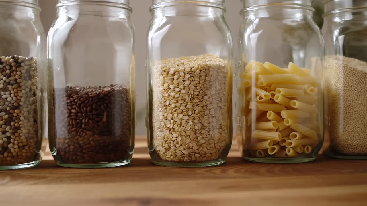 Barattoli di vetro in primo piano pieni di cereali su piano di lavoro in legno, pasta assortita, couscous, semi e legumi trasparenti