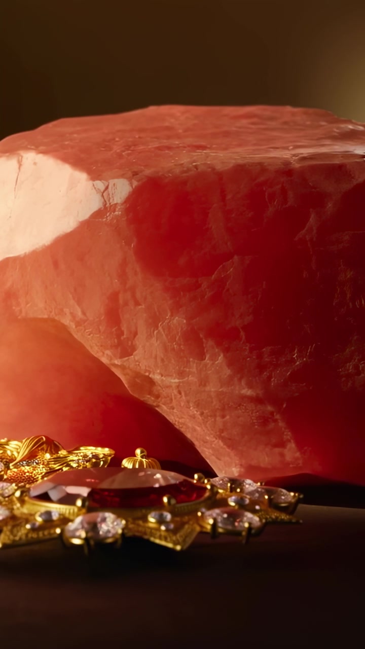 Vertical video: Pushing camera revealing pink crystal on studio table, highlighting gold jewelry