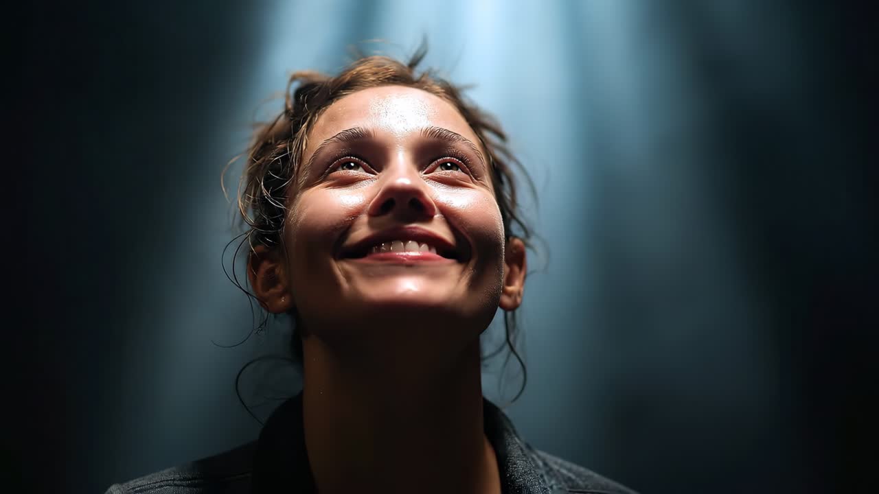 Donna con illuminazione drammatica e sguardo rivolto verso l'alto