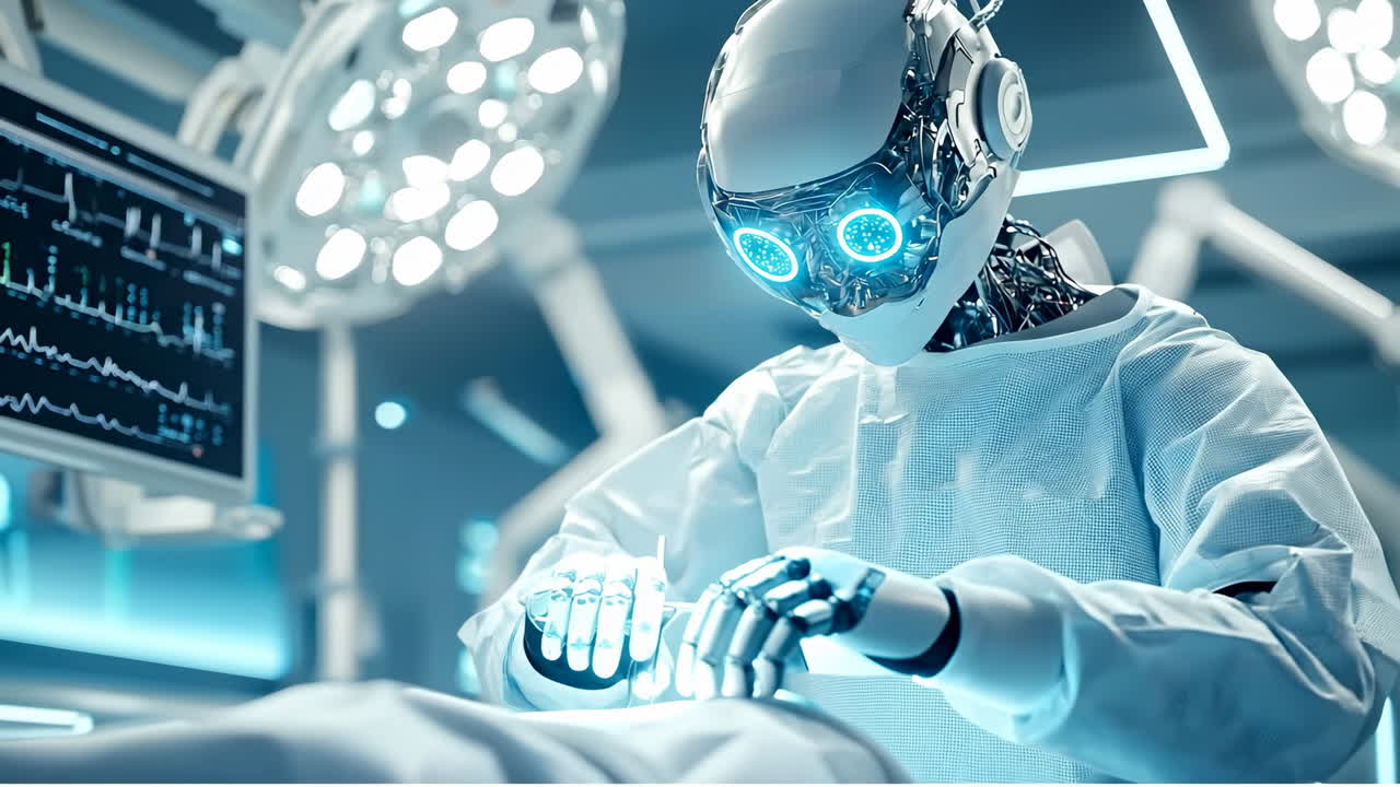 Robot doing complex surgery. A robotic assistant is carefully conducting a surgical task in a modern operating room with advanced technology