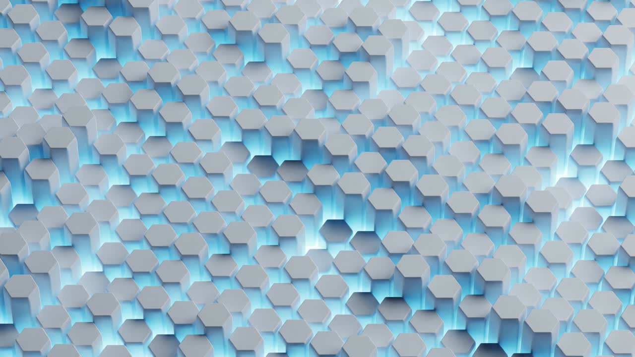 hexágonos en movimiento blancos y luces de neón azules en el fondo. animación de renderización 3d