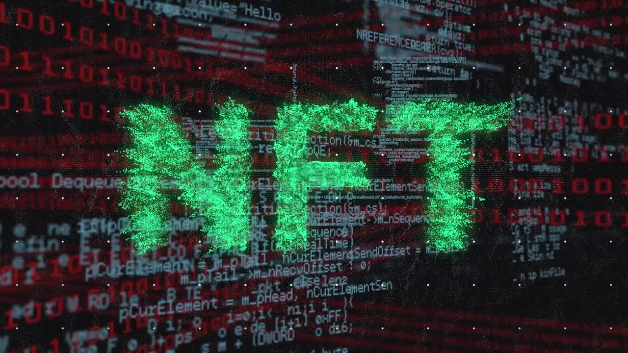 Animation of nft text over data processing on black background