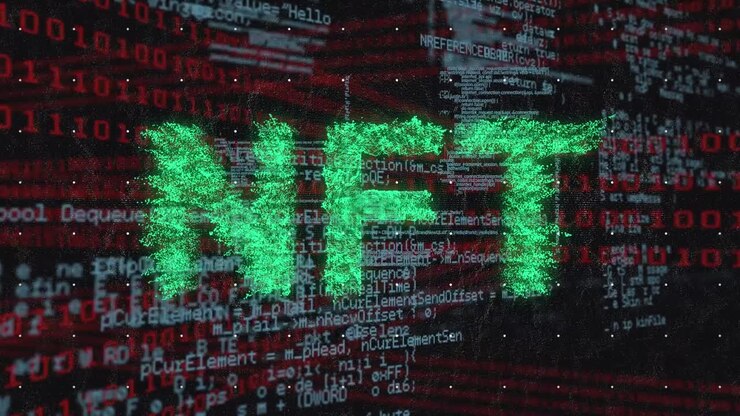 Animation of nft text over data processing on black background