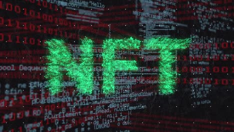 animación del texto nft sobre el procesamiento de datos en fondo negro