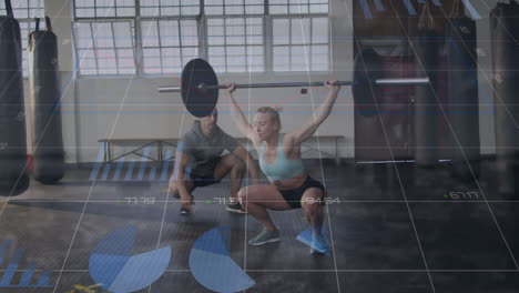 animation of data processing over caucasian woman lifting weights