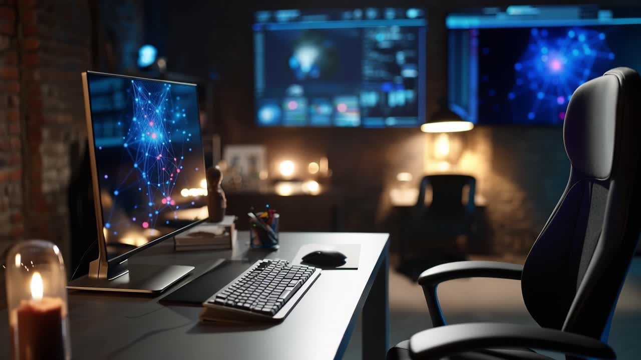 A Modern Tech Setup Featuring Dual Monitors with a Stunning Cosmic Visual Display in a Cozy, Dimly Lit Work Environment for Maximum Productivity and Inspiration