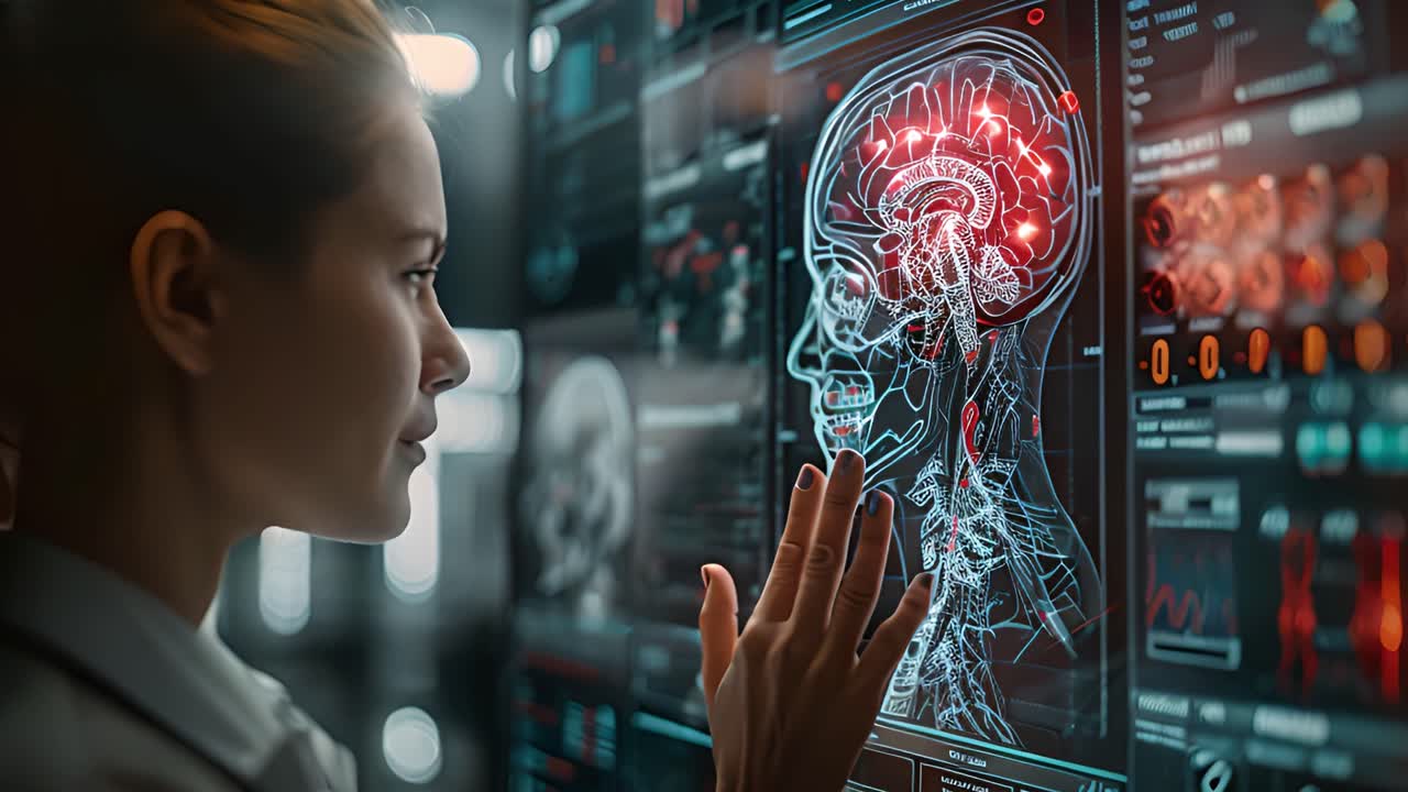 Woman Analyzing Brain Activity on Advanced Holographic Display