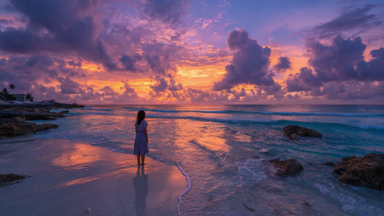 A serene coastal scene at sunset, featuring a solitary figure gazing across the tranquil waters as the sky bursts with vibrant hues of orange, pink, and purple during twilight