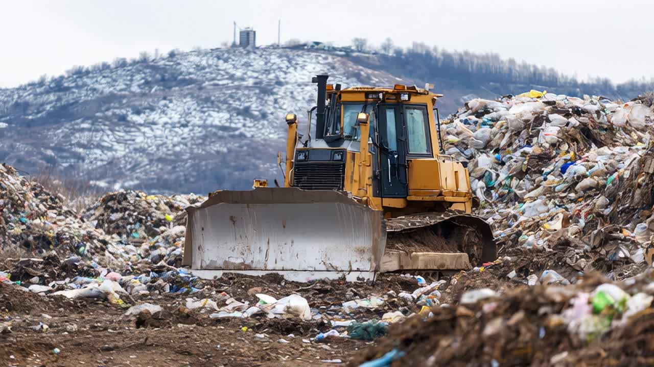 A Heavy-Duty Bulldozer Navigates Through a Mountain of Waste at a Landfill, Highlighting the Ongoing Challenge of Waste Management and Environmental Sustainability in Urban Areas