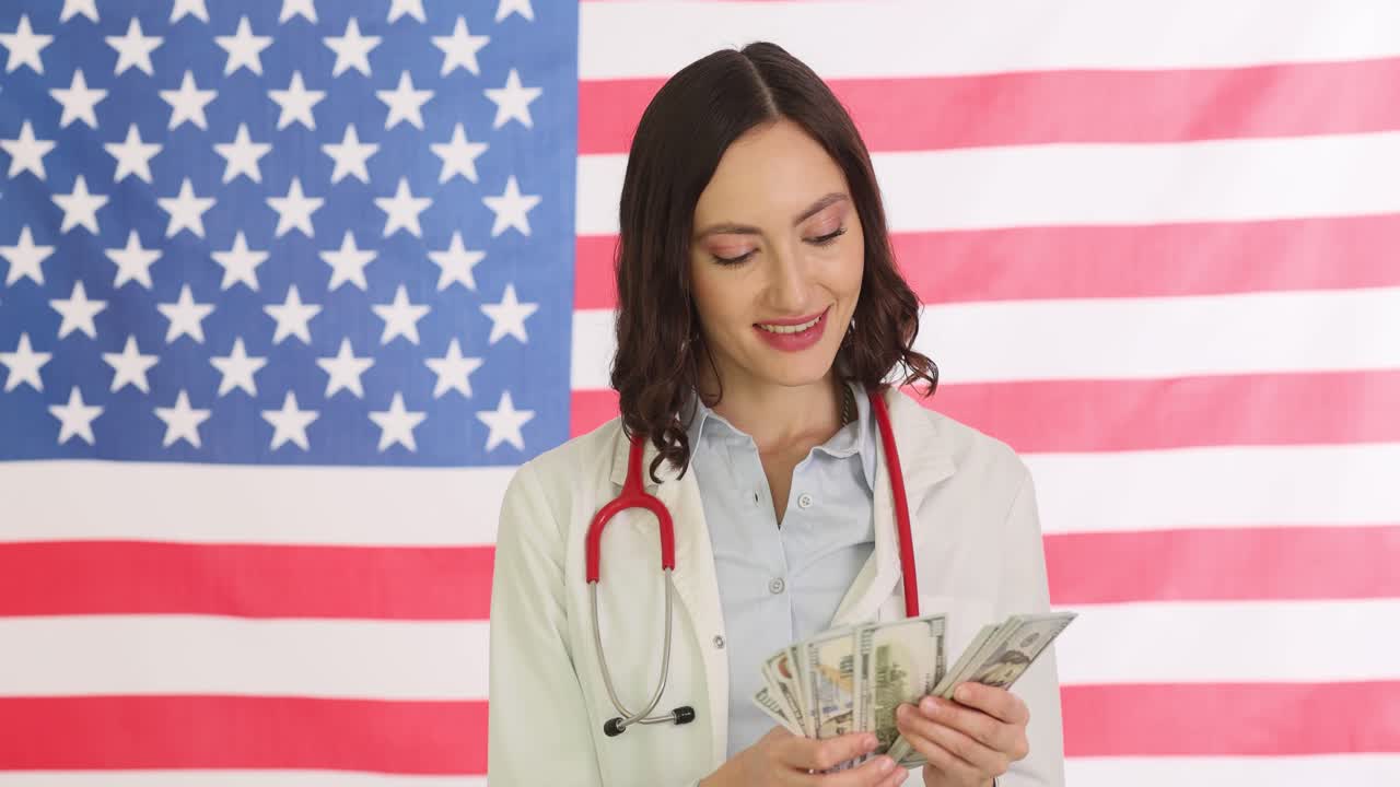 Doctor Counting Money with American Flag Background