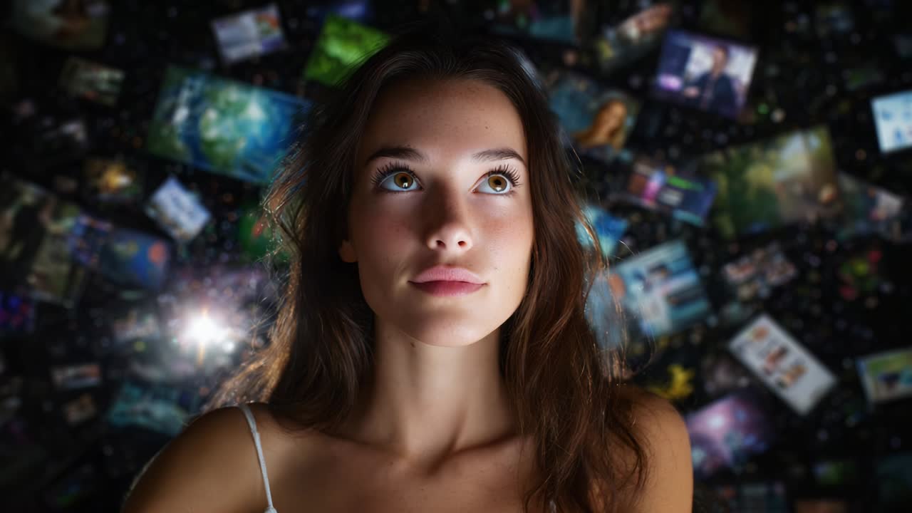 A Thoughtful Young Woman Gazing Upward in a Digital Realm Surrounded by Various Images and Video Clips, Exploring the Depth of Digital Creativity and Imagination in a Vivid Manner