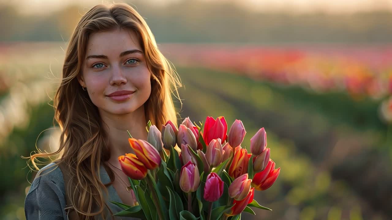 Woman holding a bouquet of tulips in a flower field
