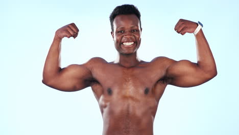 strong, muscle and black man flexing biceps