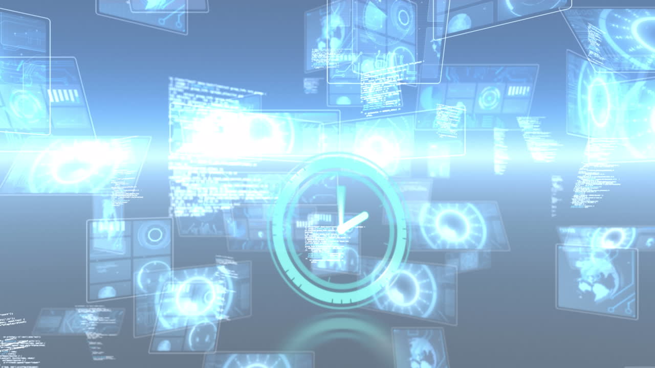 네온 디지털 시계가 여러 개의 둥근 스캐너와 파란색 배경의 데이터 처리에 맞춰 틱하고 있습니다.