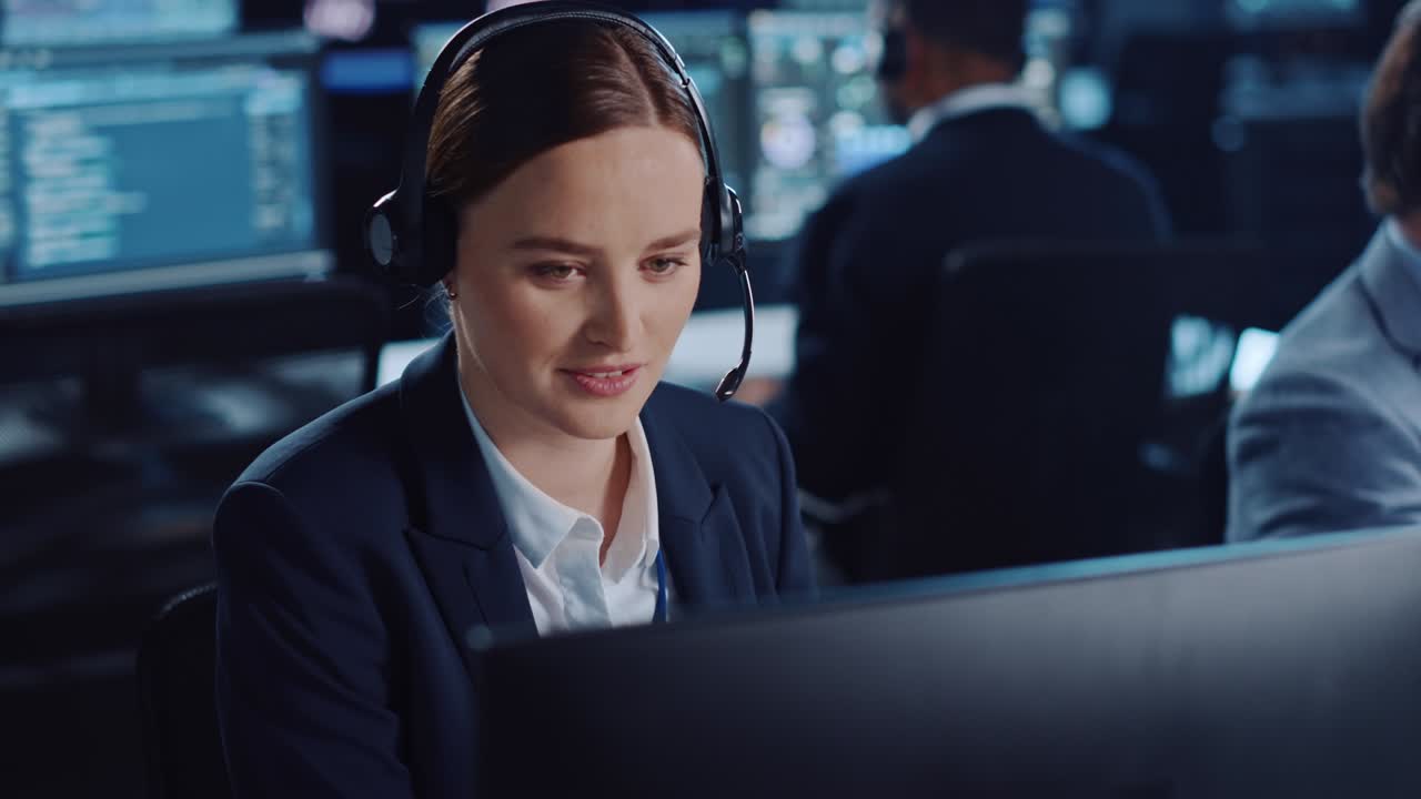una hermosa especialista en soporte técnico al cliente está hablando en un auricular mientras trabaja en una computadora en una habitación oscura de monitoreo y control llena de colegas y pantallas de visualización.