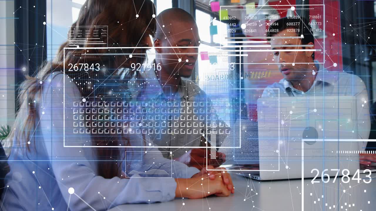 Vertical video: Center man tapping phone, drawing team leaning in while HUD updating business data