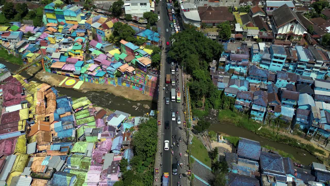 Touristic spot in Malang, East Java - aerial view of the two touristic villages - Jodipan &amp;quot;rainbow&amp;quot; village and the blue city - Indonesia
