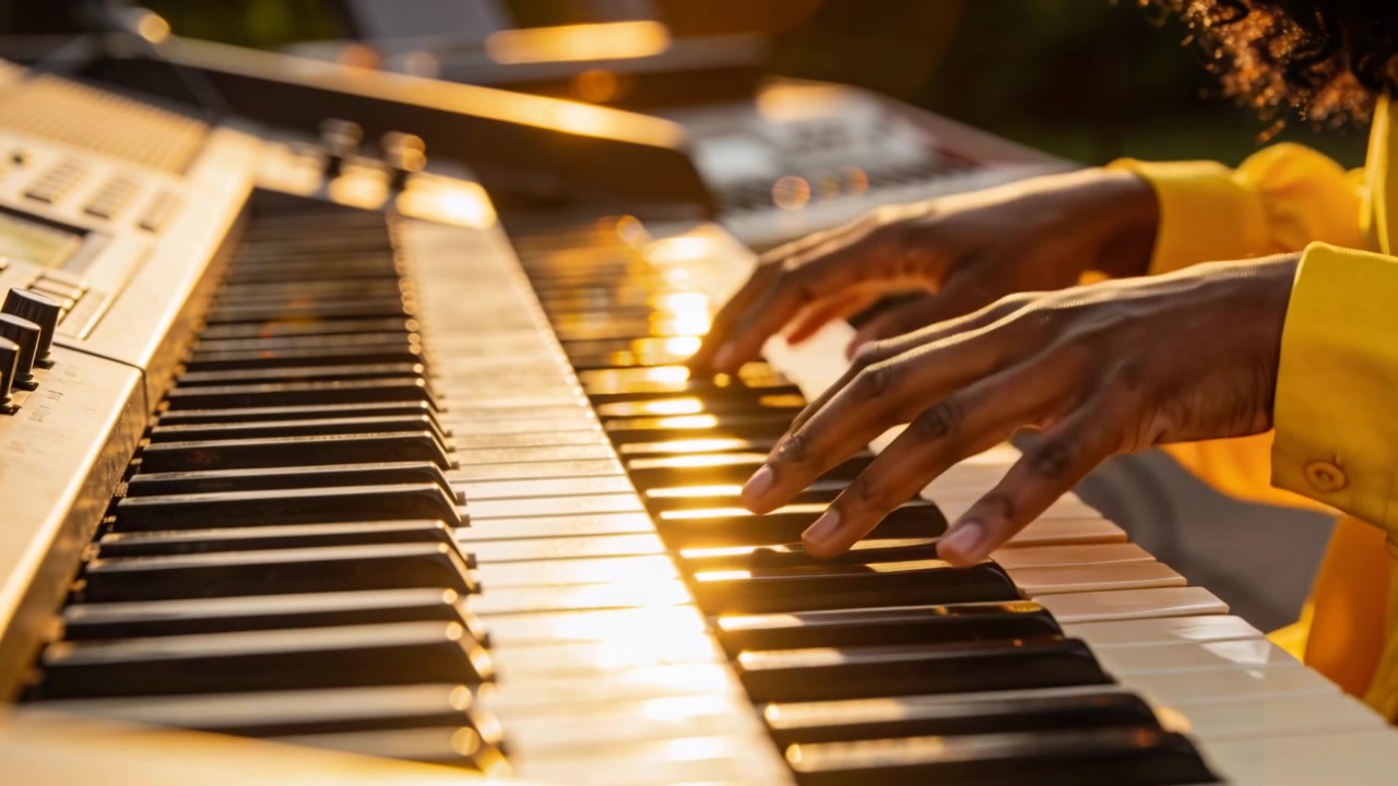 Starting musician hands pressing electronic keyboard keys at golden-hour, showing knobs and sleeve