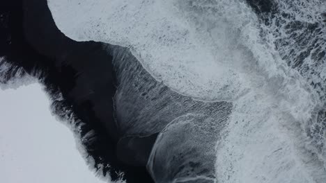 a beautiful drone shot of the black beach in iceland shows the high waves of the sea and the cloudy weather while the snow covers some of the black sand