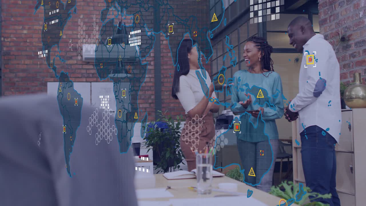 Team reviewing tablet data for analysis in business office as tablet lighting creating map overlay